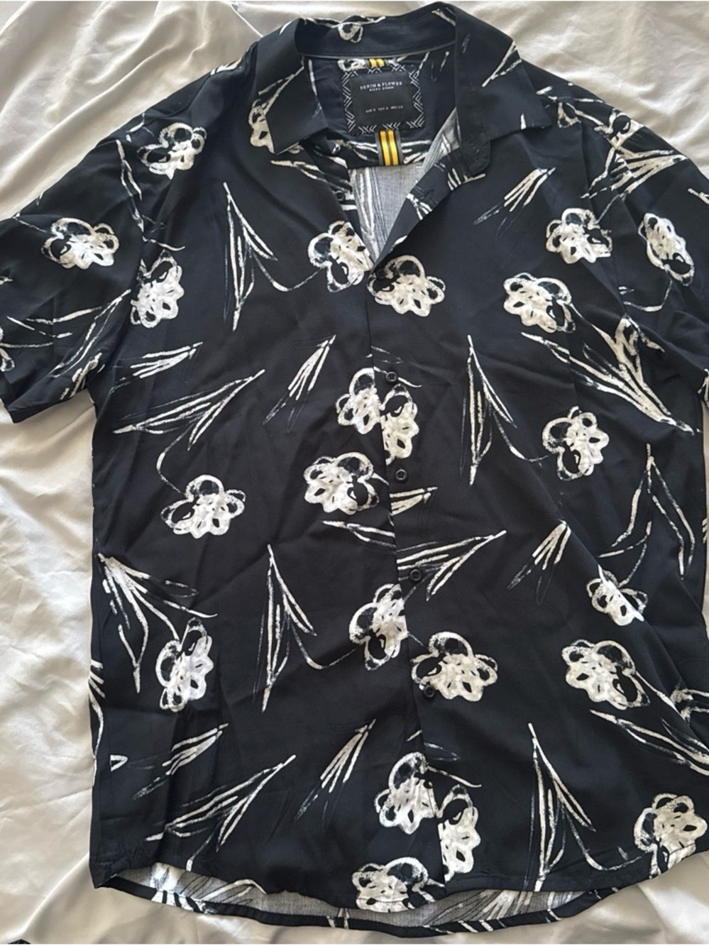 Denim & Flower Black Short-Sleeve Button-Up with White Floral Print